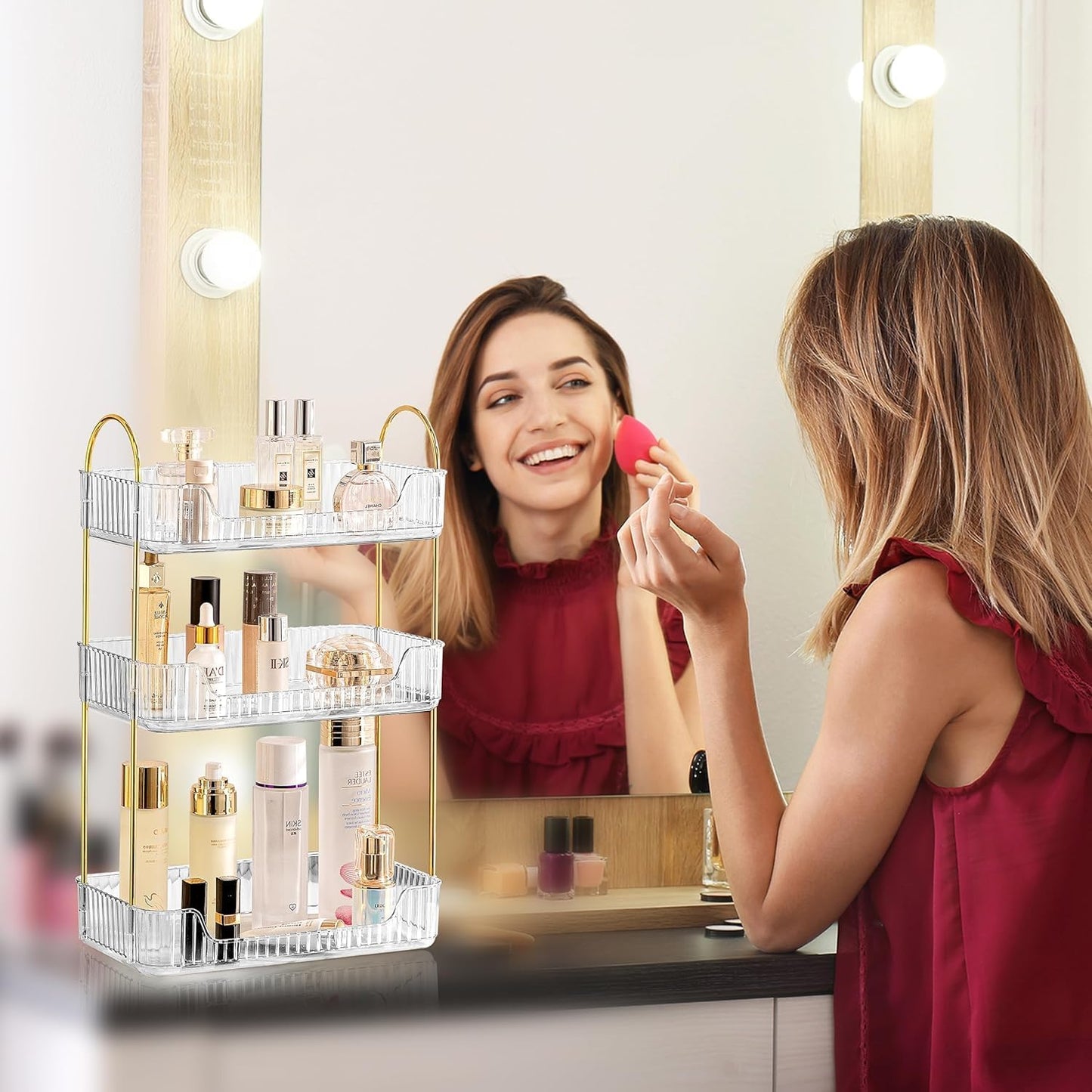 Makeup Organiser, Spinning 3 Tiers Perfume Organiser, Skincare Cosmetic Organizer, Dressing Table Organiser for Lipsticks,Jewelery, Brush, Vanity Desk, Bedroom (White, 3 Tiers)