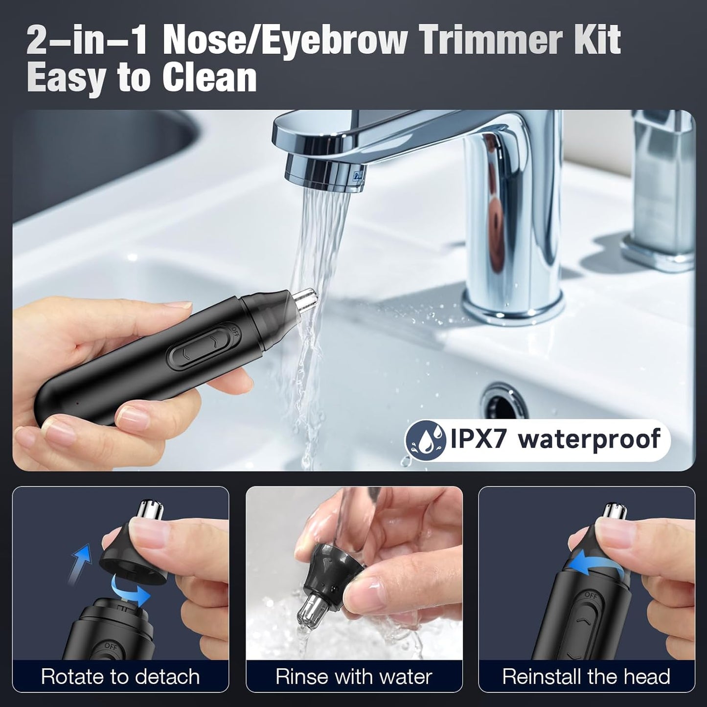 2024 Upgrade Rechargeable Nose Hair Trimmer for Men - Painless Dual Edge Blades, IPX7 Waterproof, Eyebrow & Facial Hair Trimmer for Easy Cleansing (Black)