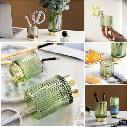 Makeup Brush Holder Organizer,Crystal Cosmetic Makeup Brush Glass Brushes Storage Holder, Vintage Make up Brush Cup Pen Pencil Holder Striped Vase(Green L)