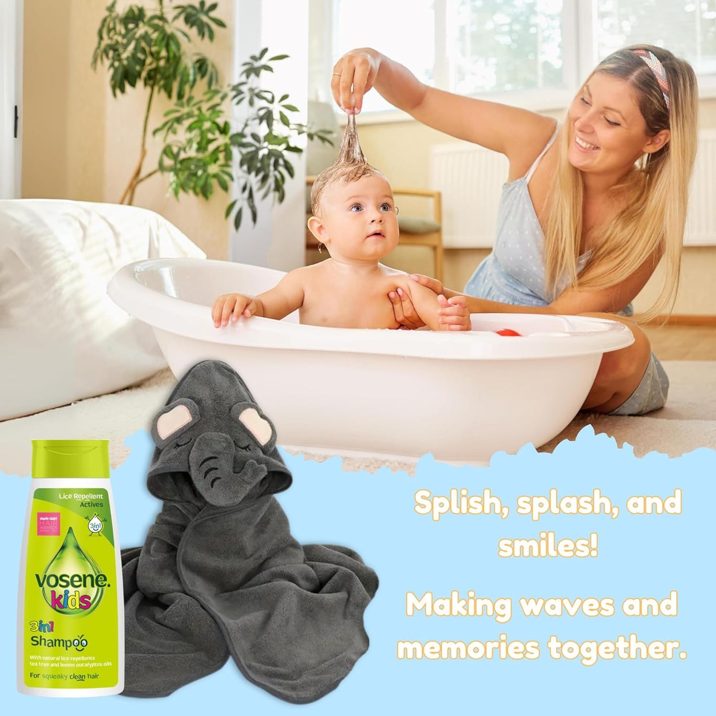 Vosene Kids Lice Repellent 3-In-1 Shampoo with Tea Tree & Eucalyptus with Elephant Hooded Baby Towel Bundle | Toddlers and Newborns Ideal for Baby Bath, Beach & Pool | Dandruff Shampoo for Kids