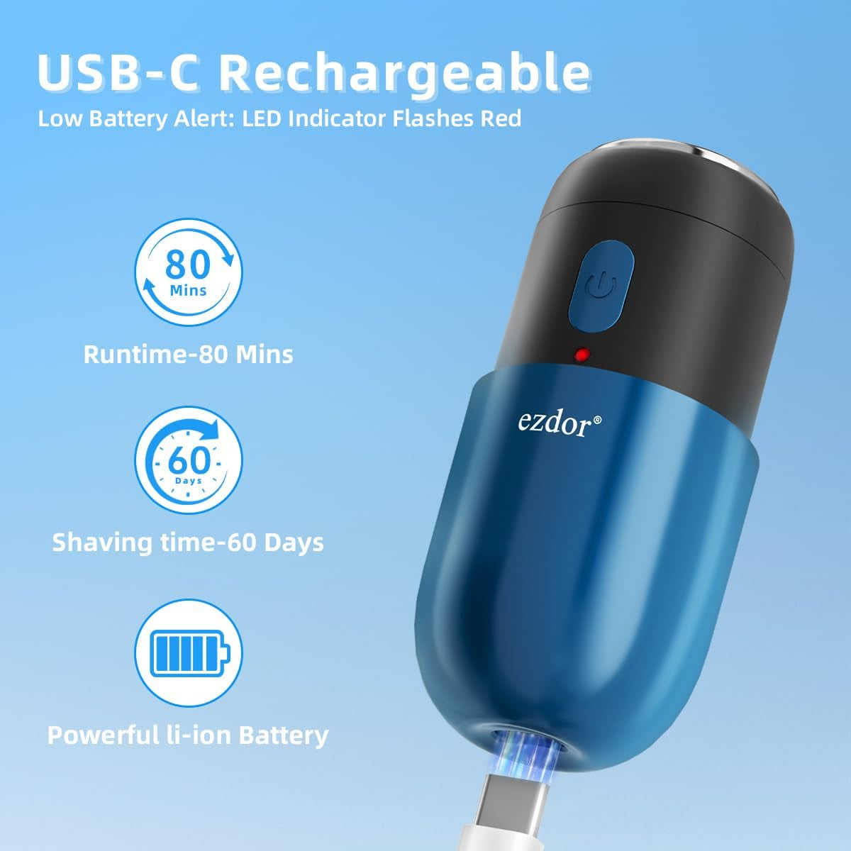 Mini Electric Shaver, Compact Electric Razor for Men Women, USB-C Rechargeable Mini Shaver, Waterproof Portable Shaver, Powerful Men'S Shavers, Cordless for Travel Home Business Trip (Blue)