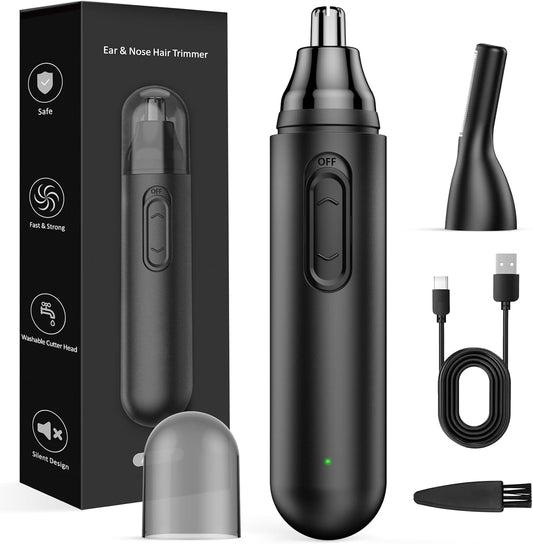 2024 Upgrade Rechargeable Nose Hair Trimmer for Men - Painless Dual Edge Blades, IPX7 Waterproof, Eyebrow & Facial Hair Trimmer for Easy Cleansing (Black)