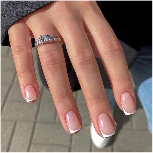48PCS French False Nails Short,White French Fake Nails, Square Press on Nails Pattern,Full Cover Stick on Nails with Designs Elegant Touch Fake Nails Women Girls Nail Art Accessories