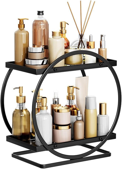 Makeup Organiser for Vanity, 2 Tier Bathroom Countertop Organizer Skincare Cosmetic Storage Shelf Metal Perfume Organizer for Bedroom Dresser (Black Round)