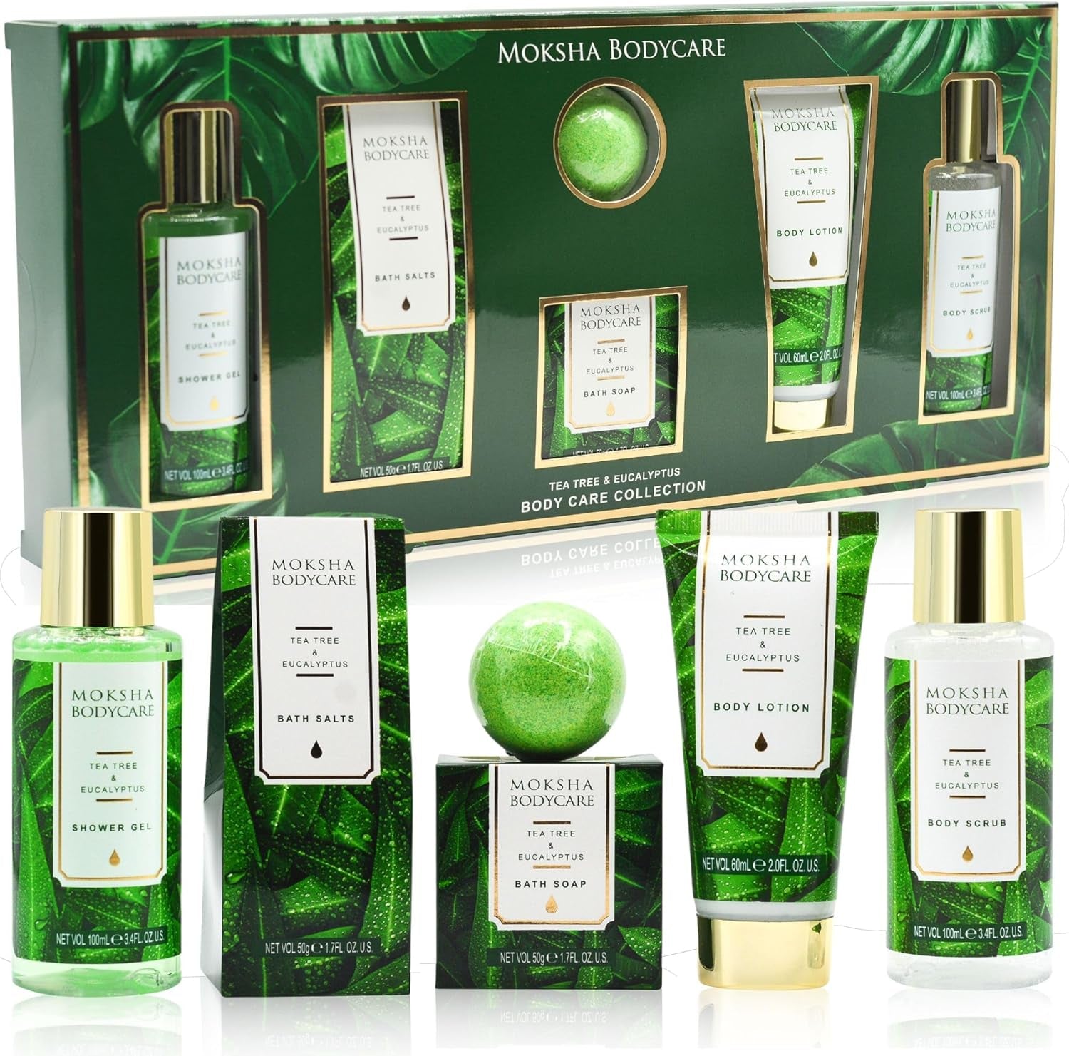 Tea Tree Spa Gift Set - Luxury Pamper Gifts for Women with Body Lotion, Scrub, Bath Bomb - Birthday, Christmas Gifts for Her, Green