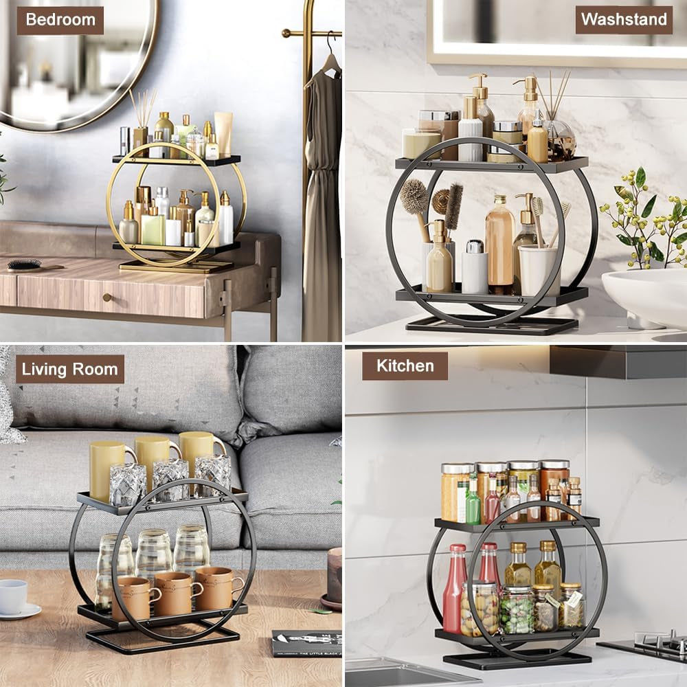 Makeup Organiser for Vanity, 2 Tier Bathroom Countertop Organizer Skincare Cosmetic Storage Shelf Metal Perfume Organizer for Bedroom Dresser (Black Round)