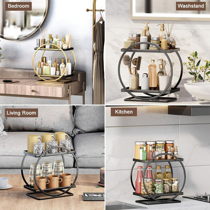 Makeup Organiser for Vanity, 2 Tier Bathroom Countertop Organizer Skincare Cosmetic Storage Shelf Metal Perfume Organizer for Bedroom Dresser (Black Round)