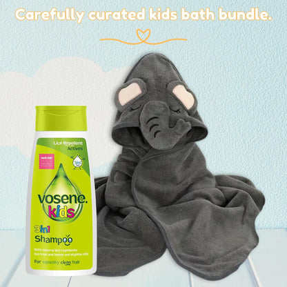 Vosene Kids Lice Repellent 3-In-1 Shampoo with Tea Tree & Eucalyptus with Elephant Hooded Baby Towel Bundle | Toddlers and Newborns Ideal for Baby Bath, Beach & Pool | Dandruff Shampoo for Kids