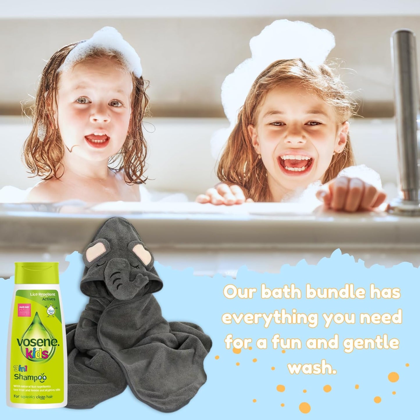 Vosene Kids Lice Repellent 3-In-1 Shampoo with Tea Tree & Eucalyptus with Elephant Hooded Baby Towel Bundle | Toddlers and Newborns Ideal for Baby Bath, Beach & Pool | Dandruff Shampoo for Kids
