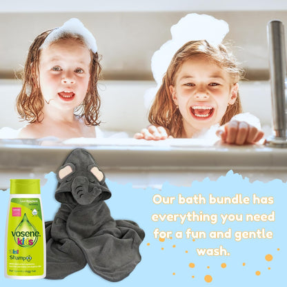 Vosene Kids Lice Repellent 3-In-1 Shampoo with Tea Tree & Eucalyptus with Elephant Hooded Baby Towel Bundle | Toddlers and Newborns Ideal for Baby Bath, Beach & Pool | Dandruff Shampoo for Kids