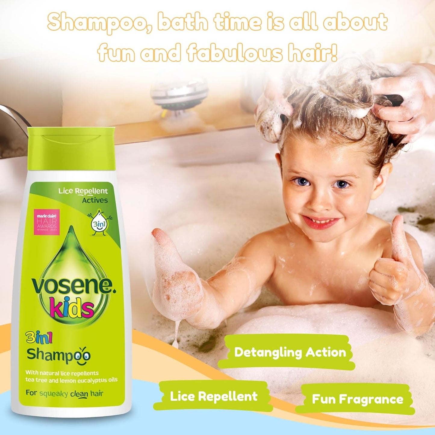 Vosene Kids Lice Repellent 3-In-1 Shampoo with Tea Tree & Eucalyptus with Elephant Hooded Baby Towel Bundle | Toddlers and Newborns Ideal for Baby Bath, Beach & Pool | Dandruff Shampoo for Kids