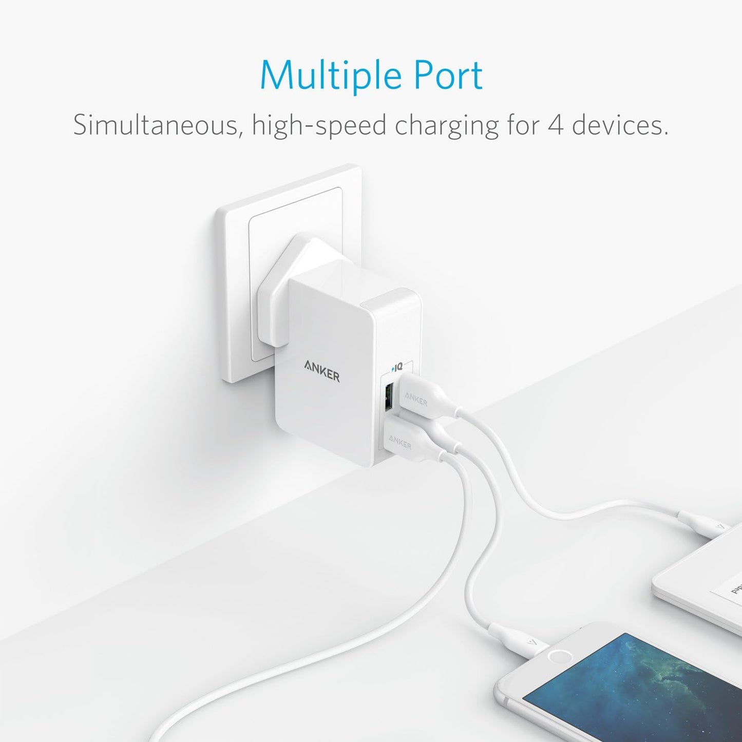 USB Plug 5.4A/27W 4-Port , Wall Charger, Powerport 4 Lite with Interchangeable UK and EU Travel Charger, Adapter for Iphone XS/XS Max/Xr/X/8,Galaxy S8/Note 3,Ipad Air 2/Mini 3,And More