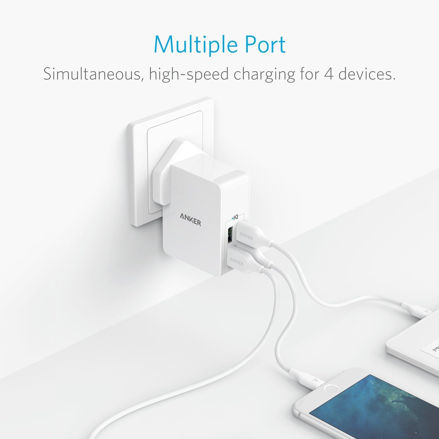 USB Plug 5.4A/27W 4-Port , Wall Charger, Powerport 4 Lite with Interchangeable UK and EU Travel Charger, Adapter for Iphone XS/XS Max/Xr/X/8,Galaxy S8/Note 3,Ipad Air 2/Mini 3,And More