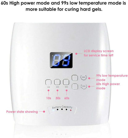 UV Led Nail Lamp Rechargeable, Cordless 66W Nail Dryers for Gel and Regular Polish, Nail Polish Curing Gel Led Dryer with 5 Timer Setting, Automatic Sensor, LCD Display, White