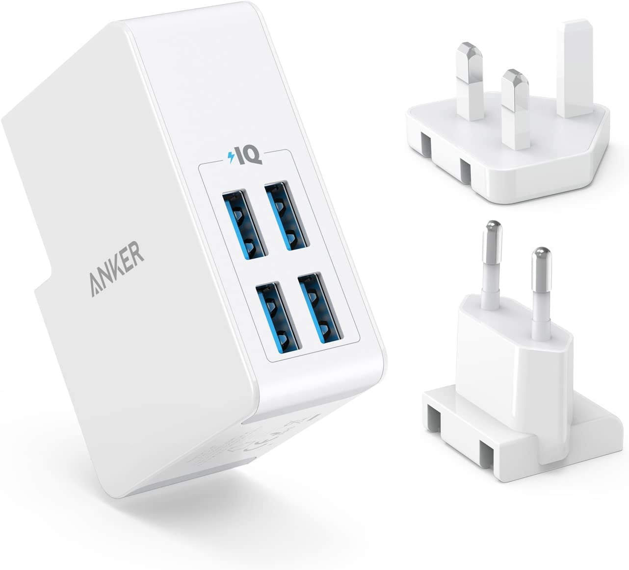 USB Plug 5.4A/27W 4-Port , Wall Charger, Powerport 4 Lite with Interchangeable UK and EU Travel Charger, Adapter for Iphone XS/XS Max/Xr/X/8,Galaxy S8/Note 3,Ipad Air 2/Mini 3,And More