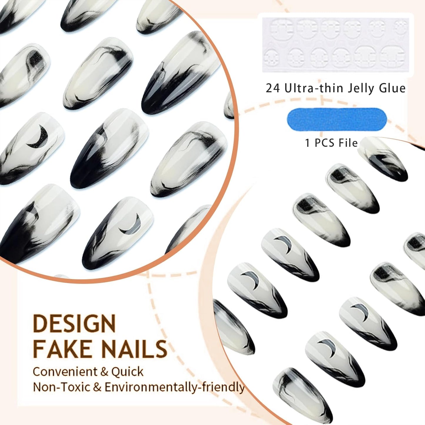 Pack of 24 Medium Press on Nails Almond False Nails Black Gradient French Nüdescht Pink False Nails with Moon Pattern Nail Press Ons Full Extension Stick on Nails