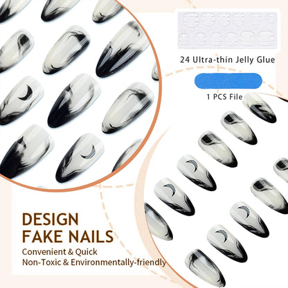 Pack of 24 Medium Press on Nails Almond False Nails Black Gradient French Nüdescht Pink False Nails with Moon Pattern Nail Press Ons Full Extension Stick on Nails