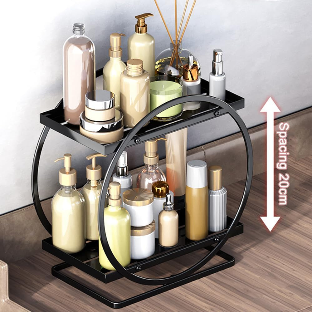 Makeup Organiser for Vanity, 2 Tier Bathroom Countertop Organizer Skincare Cosmetic Storage Shelf Metal Perfume Organizer for Bedroom Dresser (Black Round)