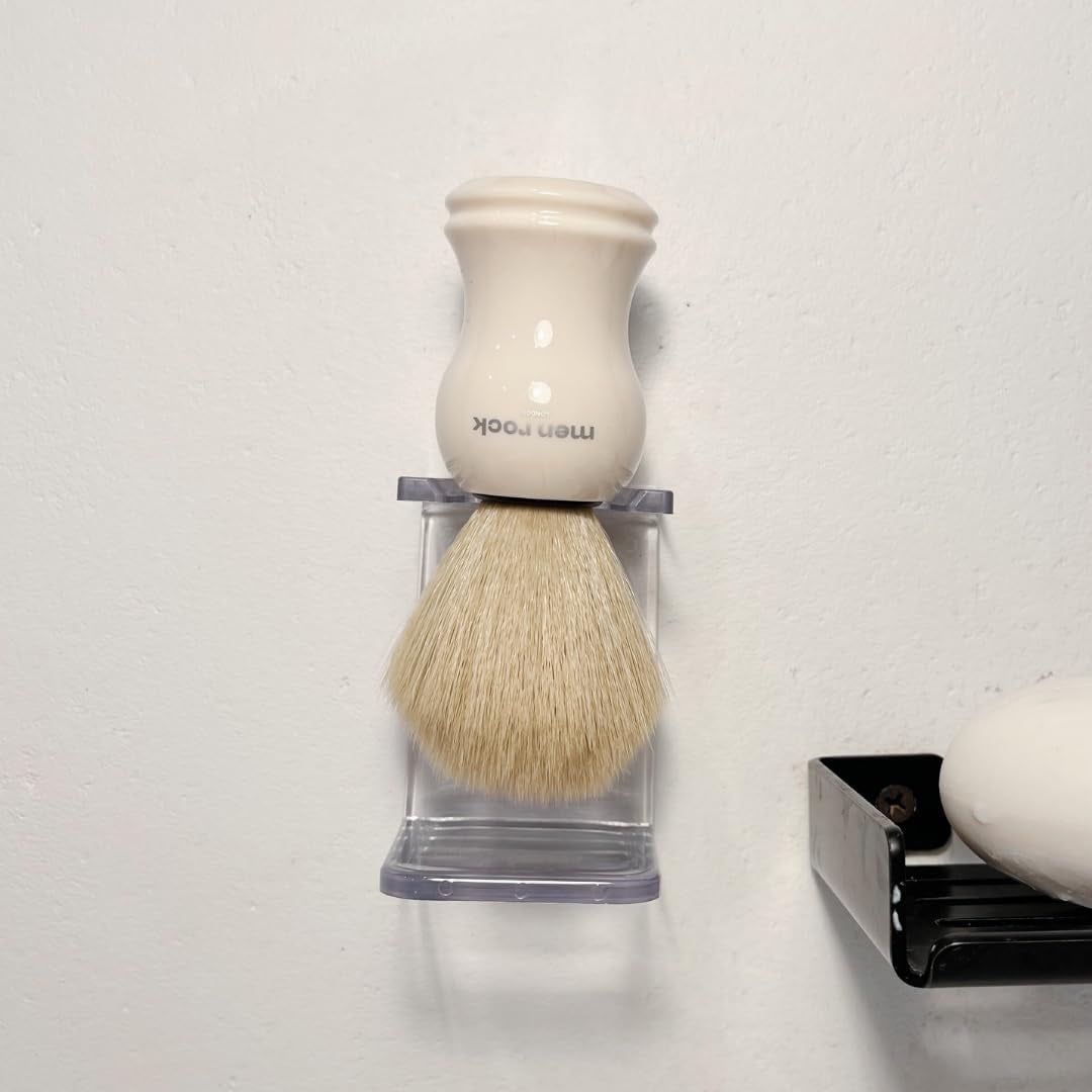 Clear Drip Stand, Hygenic and Practical Stand to Hold Shaving Brush Whilst Drying and Avoid Damage, Adhesive Element to Stick to Bathroom Tiles or Cabinet, Compact Design