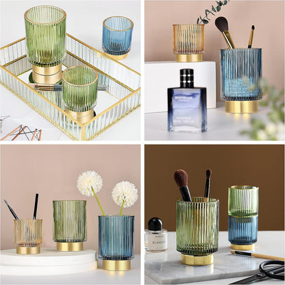 Makeup Brush Holder Organizer,Crystal Cosmetic Makeup Brush Glass Brushes Storage Holder, Vintage Make up Brush Cup Pen Pencil Holder Striped Vase(Green L)
