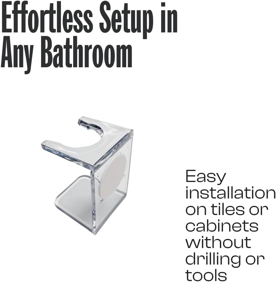 Clear Drip Stand, Hygenic and Practical Stand to Hold Shaving Brush Whilst Drying and Avoid Damage, Adhesive Element to Stick to Bathroom Tiles or Cabinet, Compact Design
