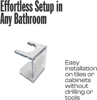 Clear Drip Stand, Hygenic and Practical Stand to Hold Shaving Brush Whilst Drying and Avoid Damage, Adhesive Element to Stick to Bathroom Tiles or Cabinet, Compact Design