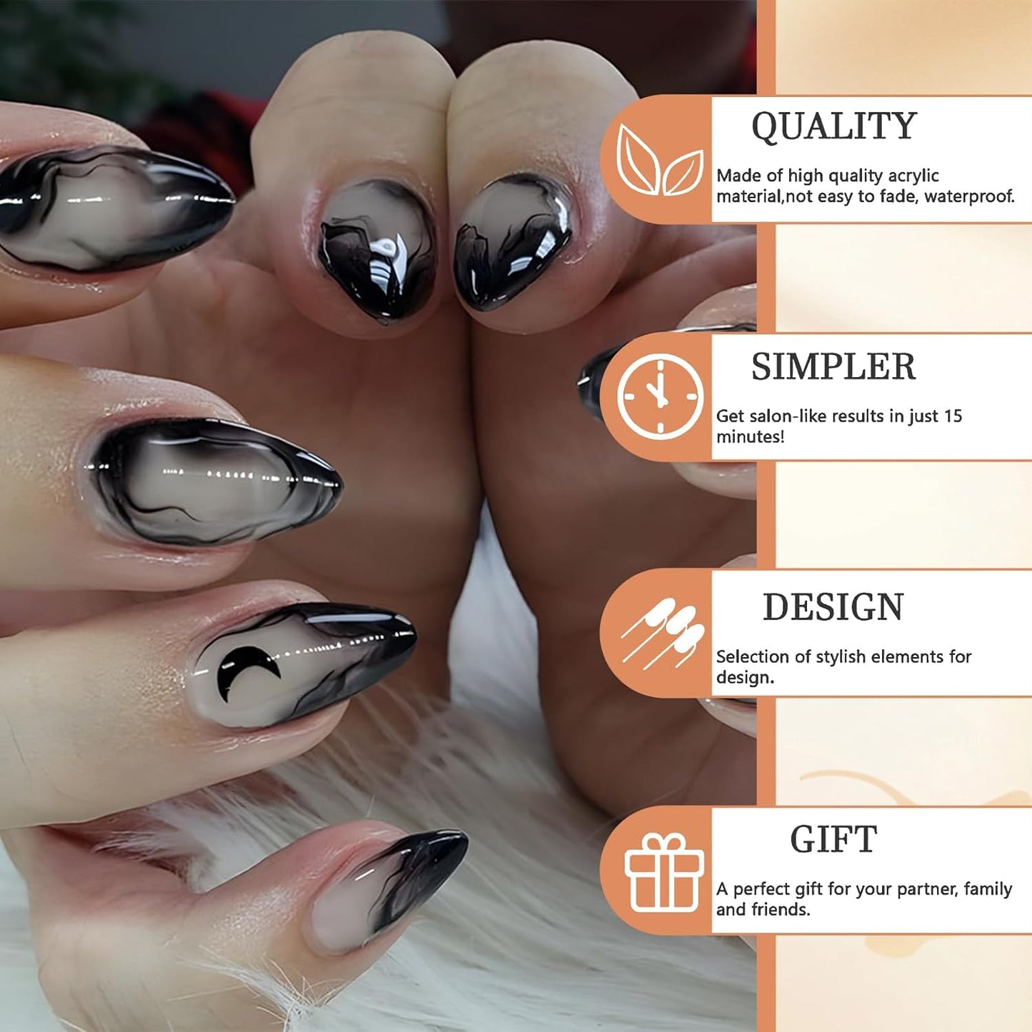 Pack of 24 Medium Press on Nails Almond False Nails Black Gradient French Nüdescht Pink False Nails with Moon Pattern Nail Press Ons Full Extension Stick on Nails