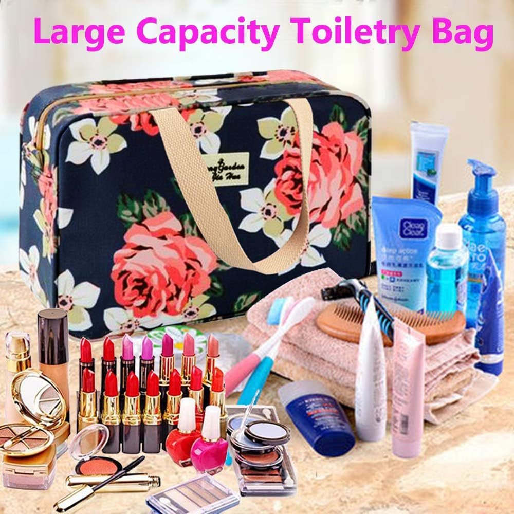 Toiletry Bag for Women Portable Cosmetic Bag Large Toiletries Organizer Storage Navy Rose Toiletry Kit Leakproof Travel Make up for Girls Floral Cosmetic Case (Navy Rose)