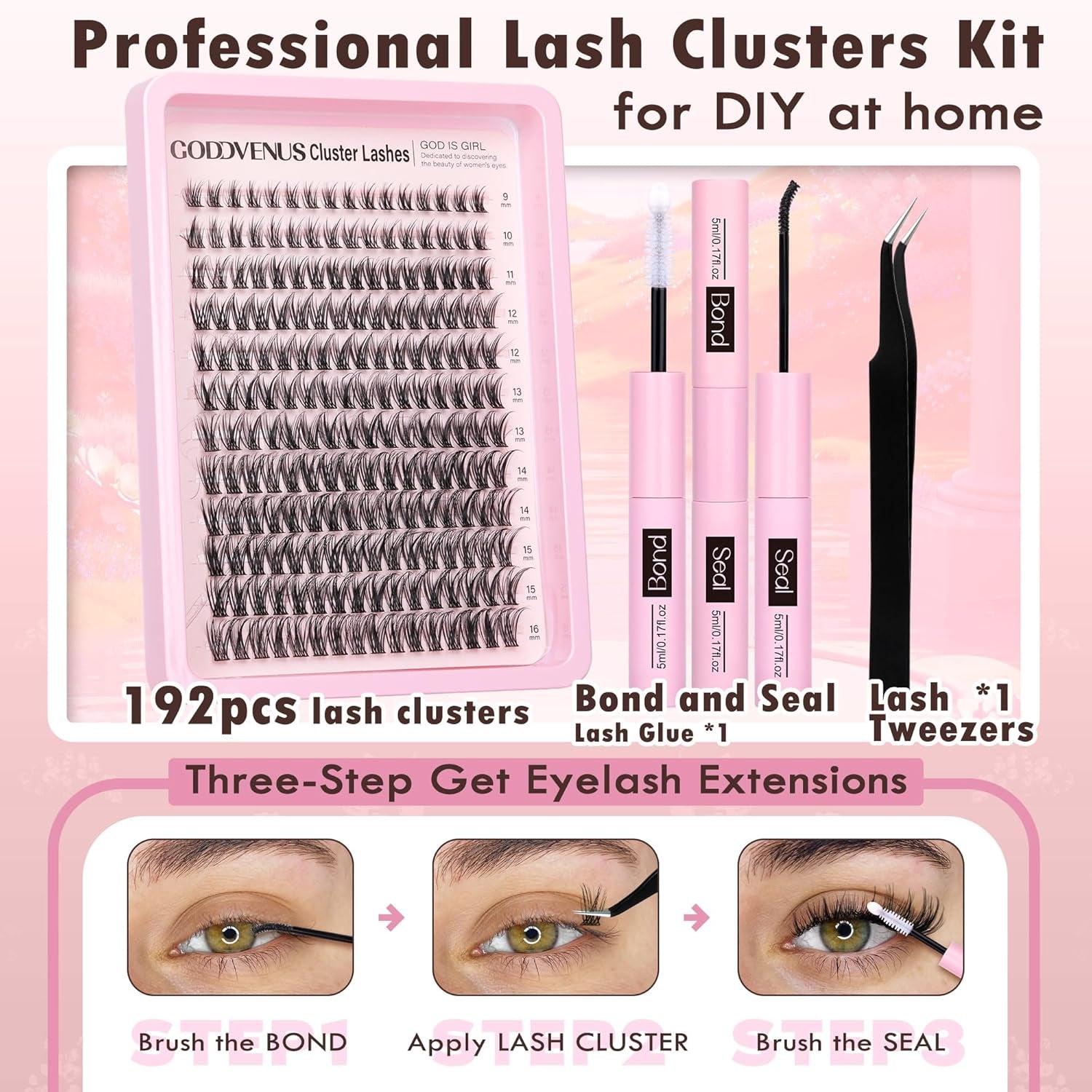 Individual Eyelashes Wispy Lash Clusters Kit D Curl Eyelashes Individual Kit Natural Lash Extension Kit with Russian Cluster Lashes Glue Bond and Seal and Lash Tweezers (D Curl 192Pcs)