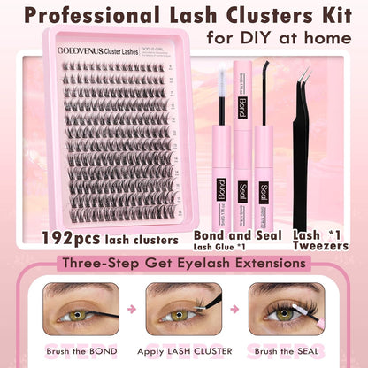 Individual Eyelashes Wispy Lash Clusters Kit D Curl Eyelashes Individual Kit Natural Lash Extension Kit with Russian Cluster Lashes Glue Bond and Seal and Lash Tweezers (D Curl 192Pcs)