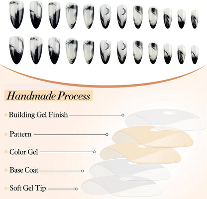 Pack of 24 Medium Press on Nails Almond False Nails Black Gradient French Nüdescht Pink False Nails with Moon Pattern Nail Press Ons Full Extension Stick on Nails