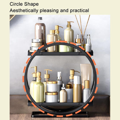 Makeup Organiser for Vanity, 2 Tier Bathroom Countertop Organizer Skincare Cosmetic Storage Shelf Metal Perfume Organizer for Bedroom Dresser (Black Round)