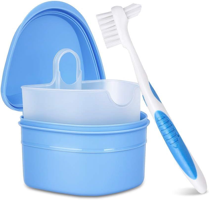 Denture Cleanning Set Denture Cleaning Case with Denture Brush, Blue