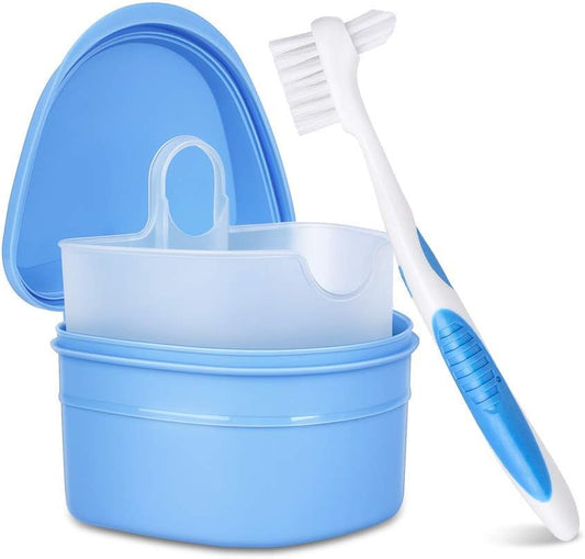Denture Cleanning Set Denture Cleaning Case with Denture Brush, Blue