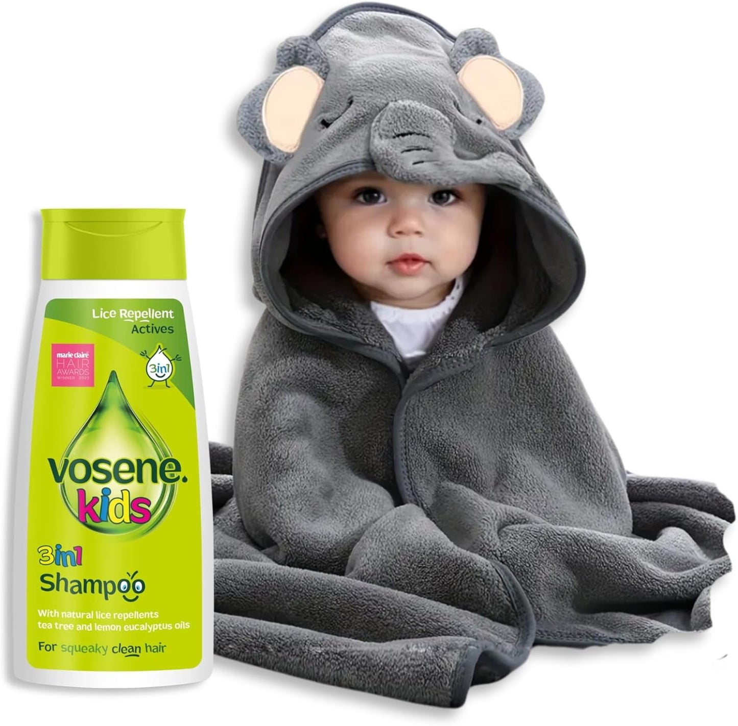 Vosene Kids Lice Repellent 3-In-1 Shampoo with Tea Tree & Eucalyptus with Elephant Hooded Baby Towel Bundle | Toddlers and Newborns Ideal for Baby Bath, Beach & Pool | Dandruff Shampoo for Kids
