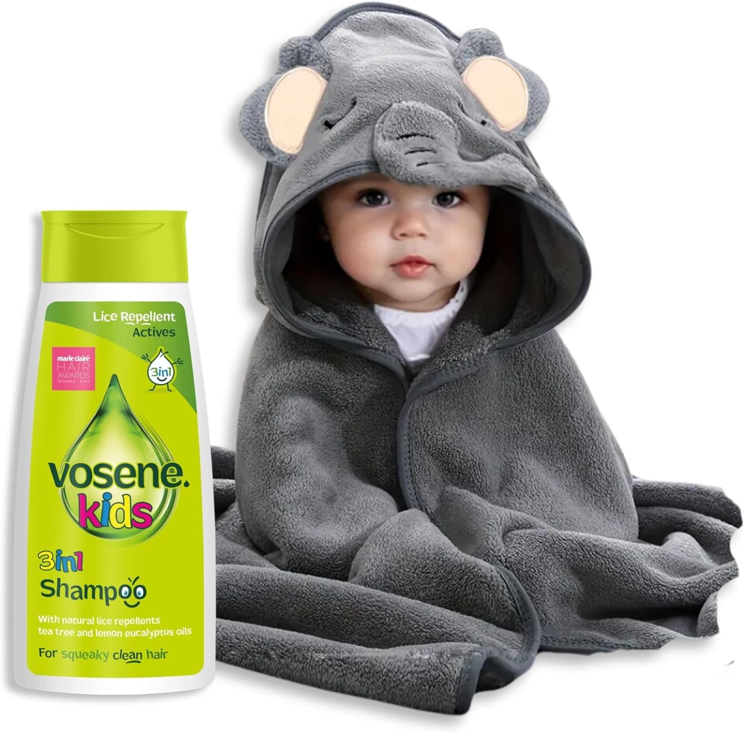 Vosene Kids Lice Repellent 3-In-1 Shampoo with Tea Tree & Eucalyptus with Elephant Hooded Baby Towel Bundle | Toddlers and Newborns Ideal for Baby Bath, Beach & Pool | Dandruff Shampoo for Kids