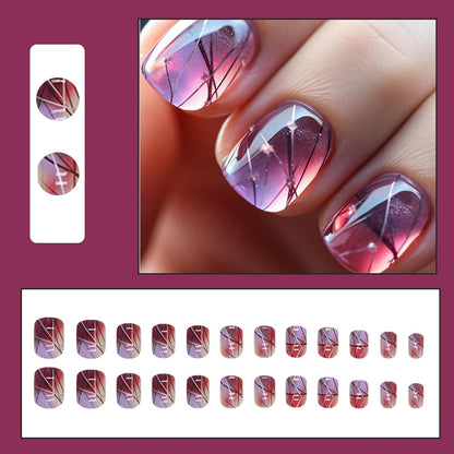 French Tip Press on Nails - Square Short Purple Glitter Glossy Fake Acrylic Full Cover Artificial Stick on Nails for Women and Girls - Nail Art Decorations