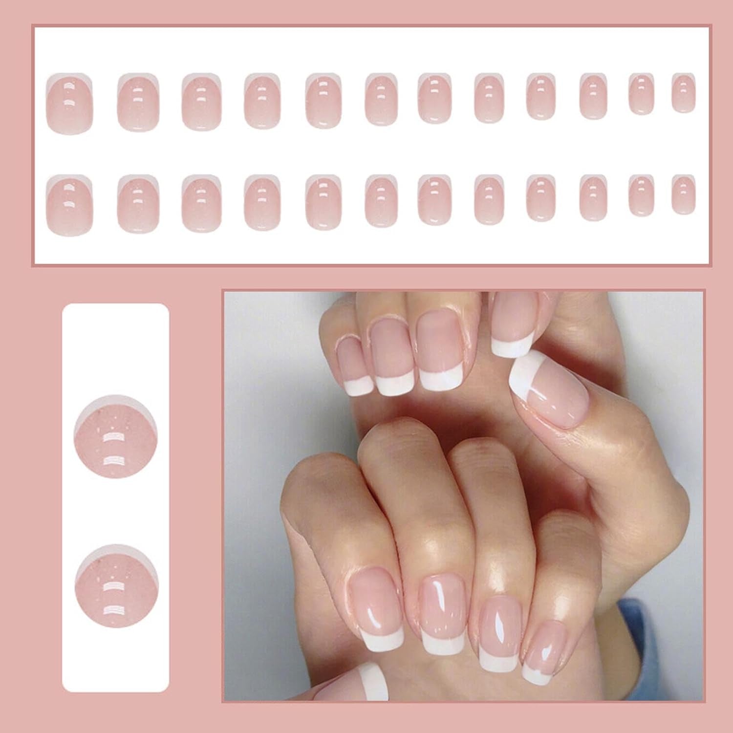 48PCS French False Nails Short,White French Fake Nails, Square Press on Nails Pattern,Full Cover Stick on Nails with Designs Elegant Touch Fake Nails Women Girls Nail Art Accessories