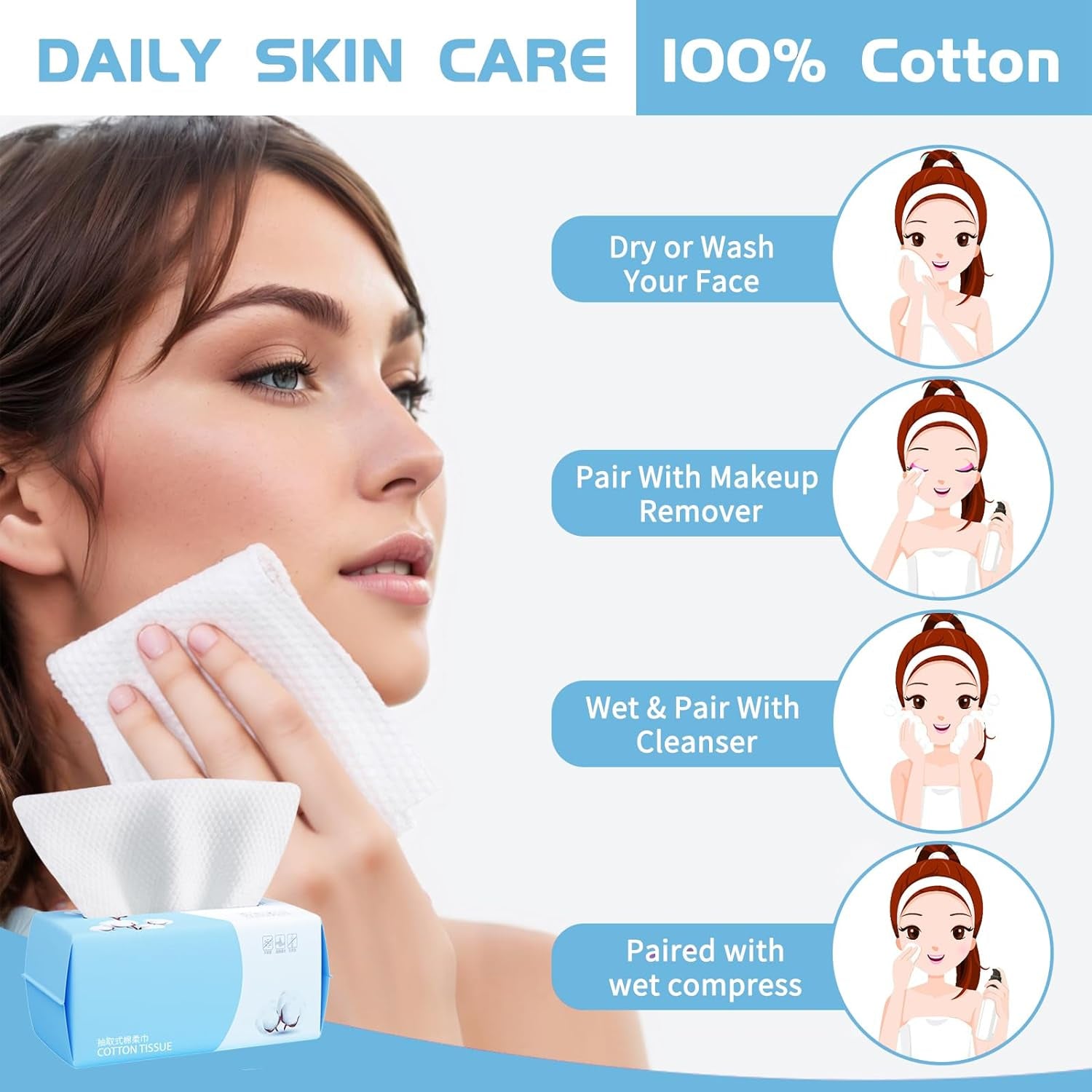 Cotton Facial Dry Wipes 100 Count, Deeply Cleansing Disposable Face Towel Cotton Tissue, Multi-Purpose for Skin Care, Make-Up Wipes, Face Wipes and Facial Cleansing