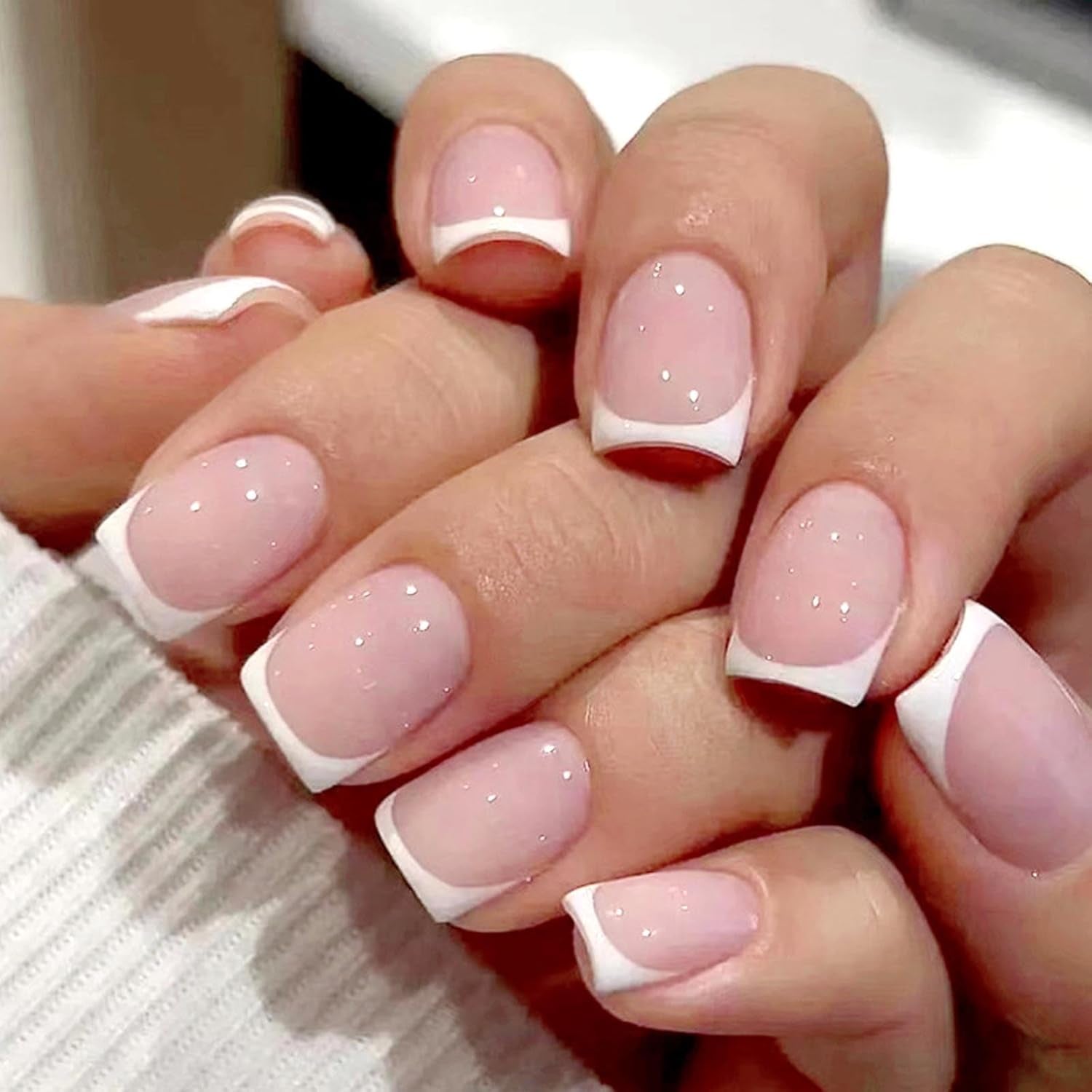 48PCS French False Nails Short,White French Fake Nails, Square Press on Nails Pattern,Full Cover Stick on Nails with Designs Elegant Touch Fake Nails Women Girls Nail Art Accessories