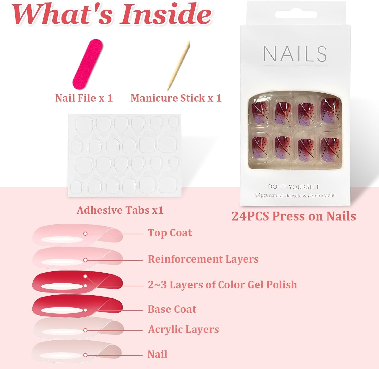 French Tip Press on Nails - Square Short Purple Glitter Glossy Fake Acrylic Full Cover Artificial Stick on Nails for Women and Girls - Nail Art Decorations