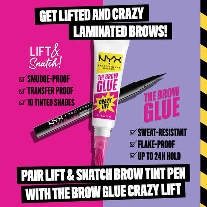 The Brow Glue Crazy Lift, Brow Lamination Gel with 16HR Strong Hold & Built-In Styling Comb, NYX Professional Makeup