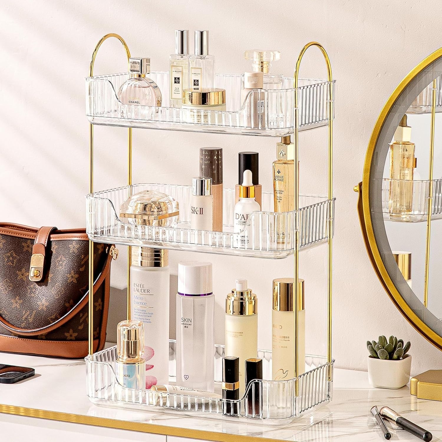 Makeup Organiser, Spinning 3 Tiers Perfume Organiser, Skincare Cosmetic Organizer, Dressing Table Organiser for Lipsticks,Jewelery, Brush, Vanity Desk, Bedroom (White, 3 Tiers)